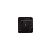 Black rear perspective of a push single push button enclosure on a white background.