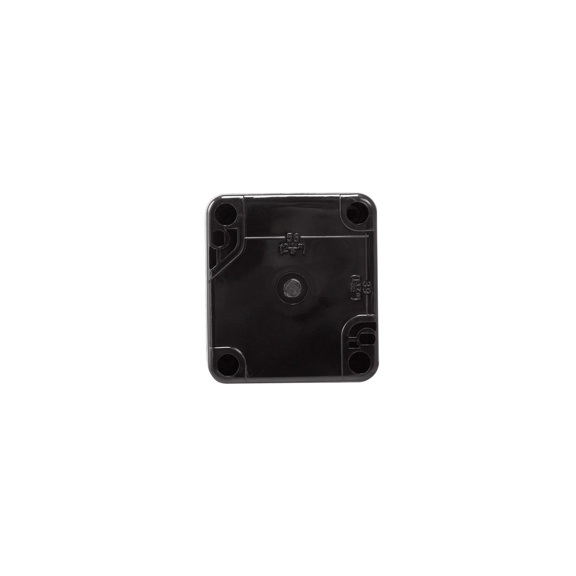 Black rear perspective of a push single push button enclosure on a white background.