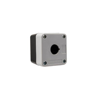 Grey front quarter perspective of a push single push button enclosure with a mounting hole and four phillips head screws holding the enclosure together on a white background.