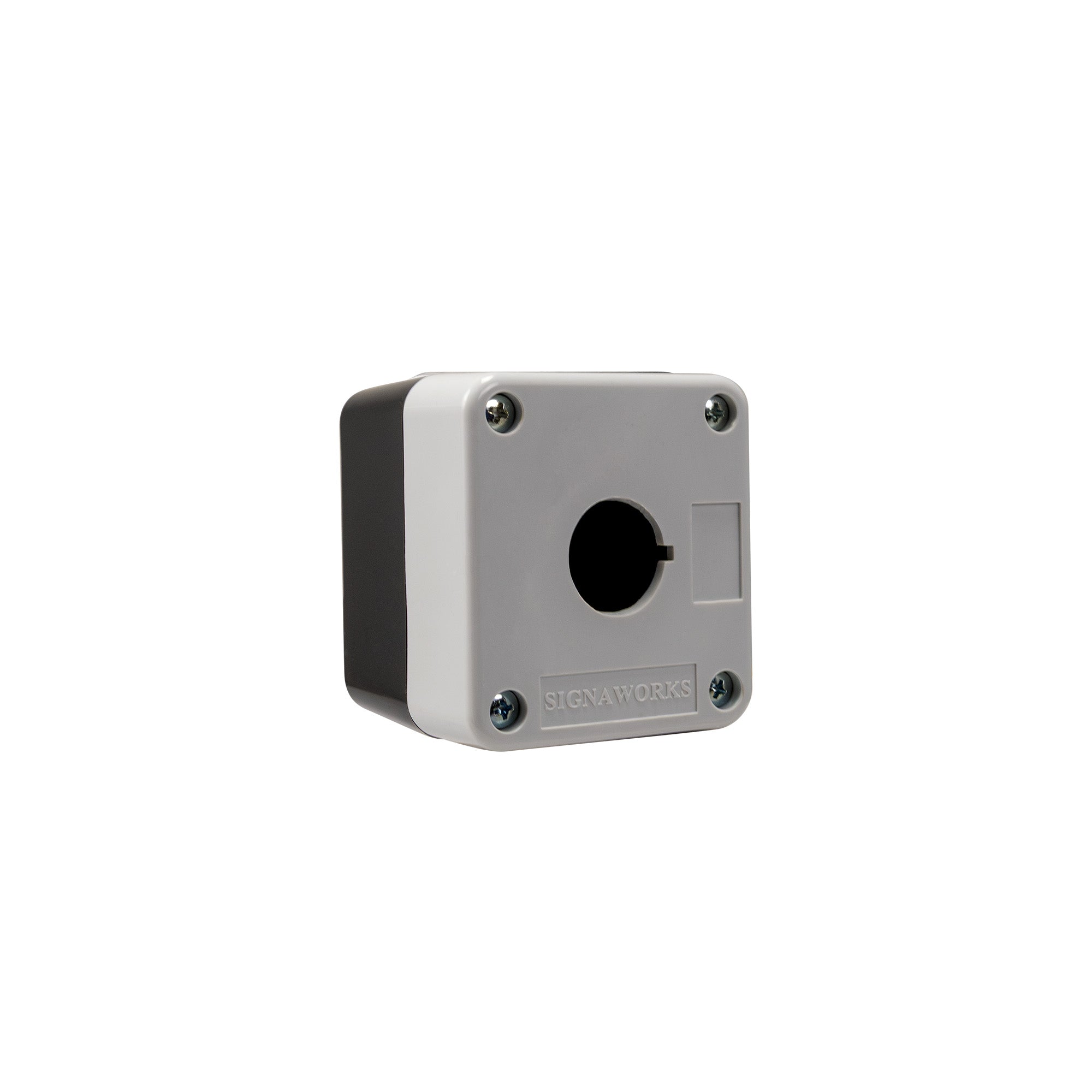Grey front quarter perspective of a push single push button enclosure with a mounting hole and four phillips head screws holding the enclosure together on a white background.