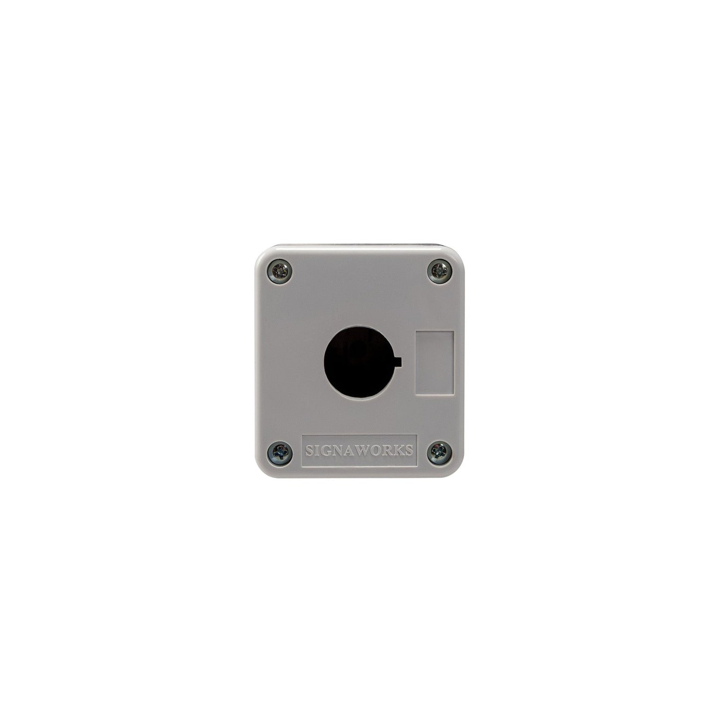 Grey front perspective of a push single push button enclosure with a mounting hole and four phillips head screws holding the enclosure together on a white background.