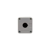 Grey front perspective of a push single push button enclosure with a mounting hole and four phillips head screws holding the enclosure together on a white background.