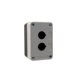Grey front quarter perspective of a dual push button enclosure with two mounting holes and four phillips head screws holding the enclosure together on a white background.