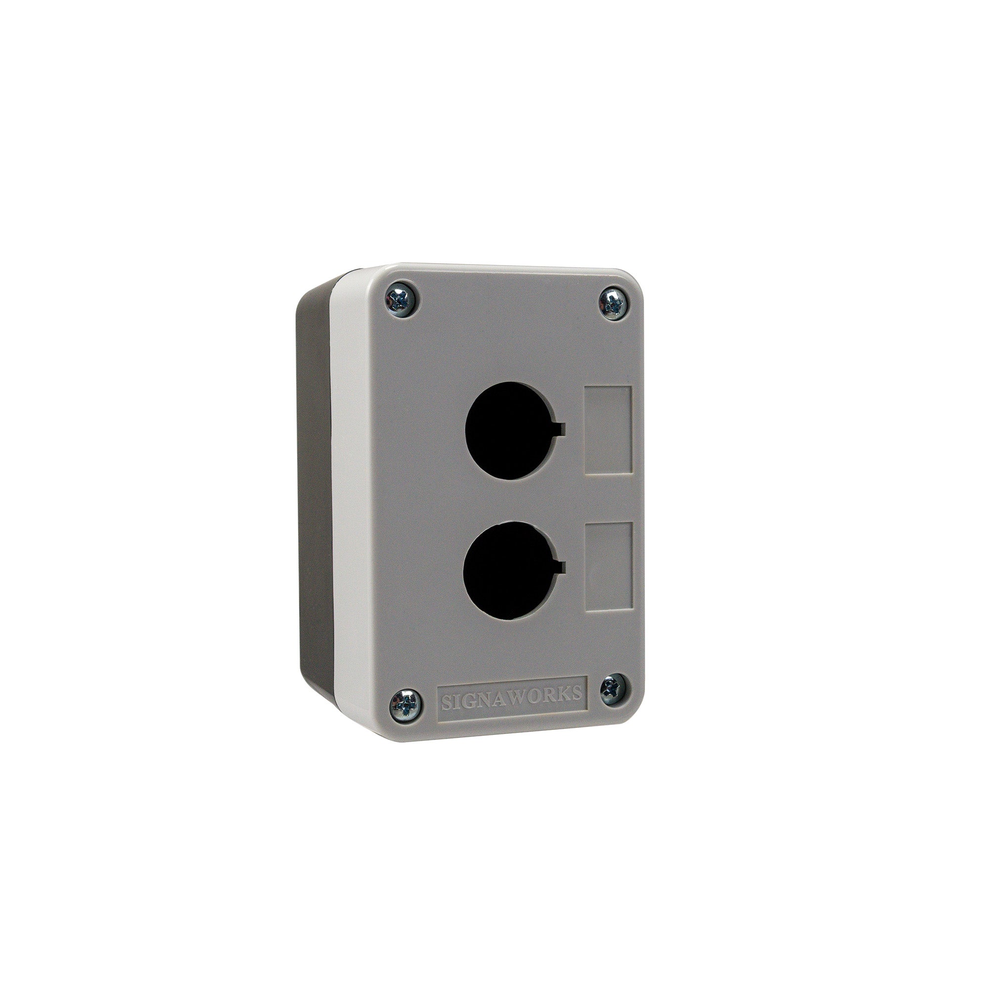 Grey front quarter perspective of a dual push button enclosure with two mounting holes and four phillips head screws holding the enclosure together on a white background.