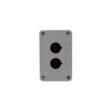 Grey front perspective of a dual push button enclosure with two mounting holes and four phillips head screws holding the enclosure together on a white background.