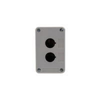 Grey front perspective of a dual push button enclosure with two mounting holes and four phillips head screws holding the enclosure together on a white background.