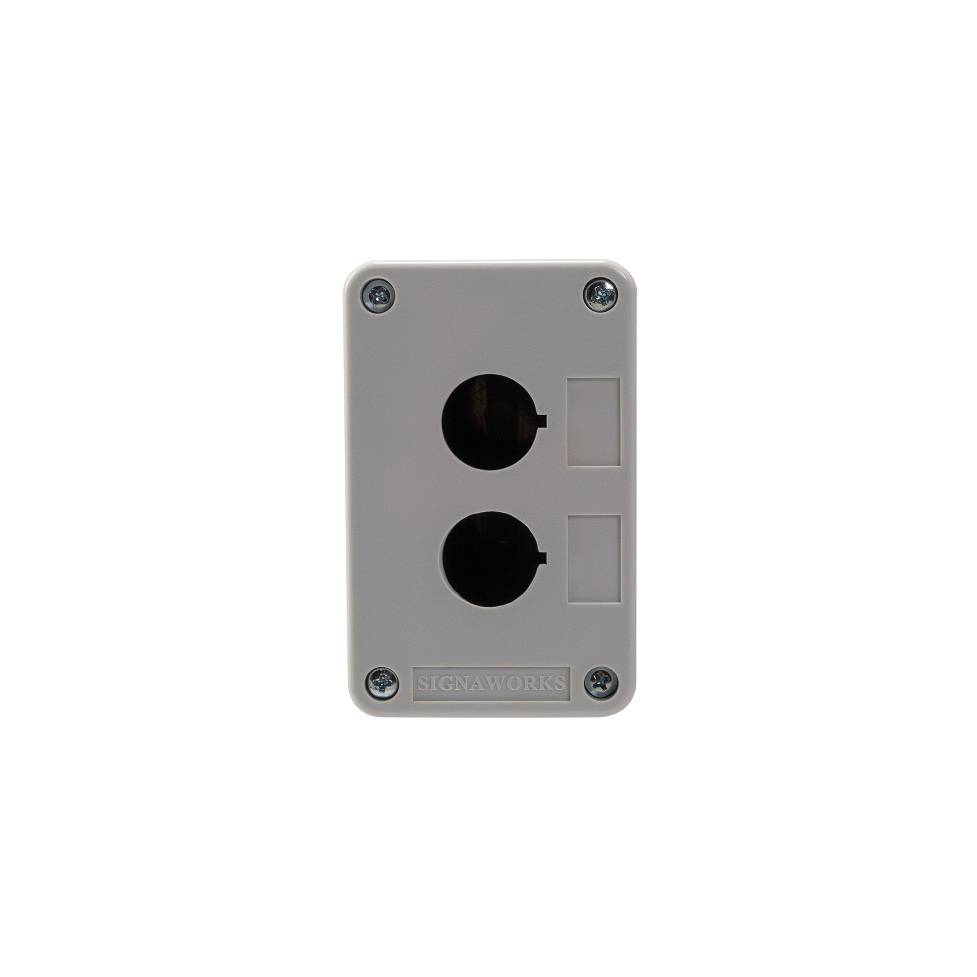 Grey front perspective of a dual push button enclosure with two mounting holes and four phillips head screws holding the enclosure together on a white background.