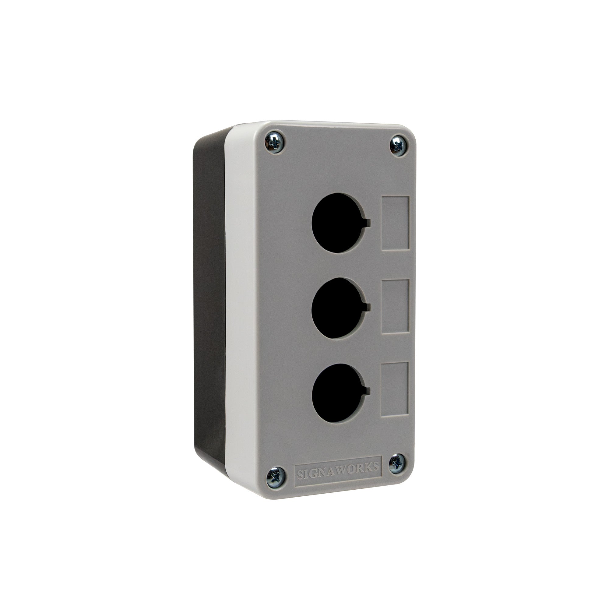 Grey front quarter perspective of a triple push button enclosure with three mounting holes and four phillips head screws holding the enclosure together on a white background.
