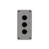 Grey front perspective of a triple push button enclosure with three mounting holes and four phillips head screws holding the enclosure together on a white background.