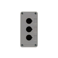 Grey front perspective of a triple push button enclosure with three mounting holes and four phillips head screws holding the enclosure together on a white background.