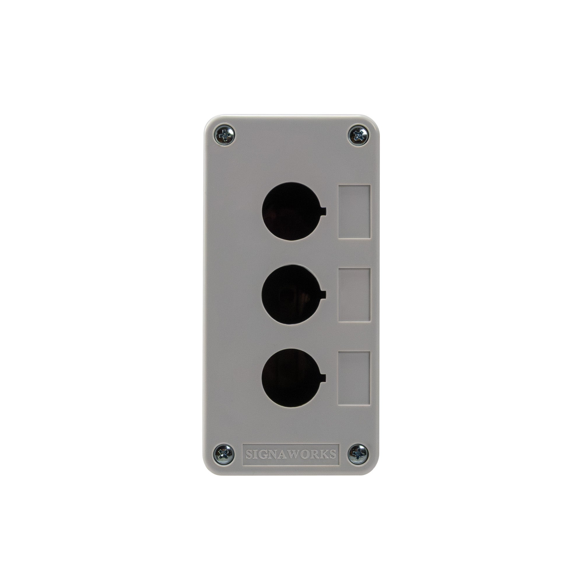 Grey front perspective of a triple push button enclosure with three mounting holes and four phillips head screws holding the enclosure together on a white background.
