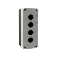 Grey front quarter perspective of a quad push button enclosure with four mounting holes and four phillips head screws holding the enclosure together on a white background.