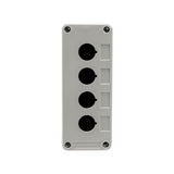 Grey front perspective of a quad push button enclosure with four mounting holes and four phillips head screws holding the enclosure together on a white background.