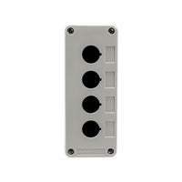 Grey front perspective of a quad push button enclosure with four mounting holes and four phillips head screws holding the enclosure together on a white background.