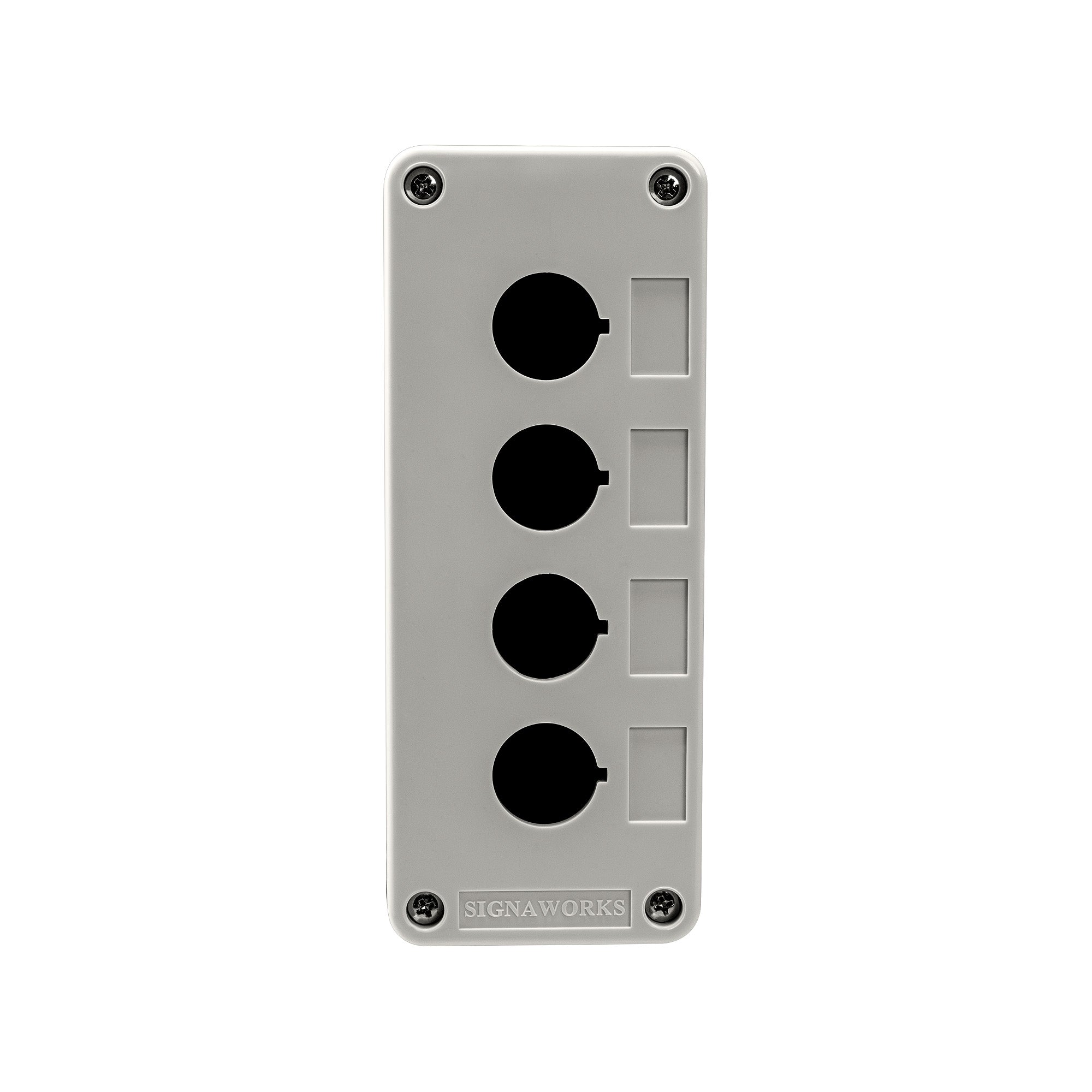 Grey front perspective of a quad push button enclosure with four mounting holes and four phillips head screws holding the enclosure together on a white background.
