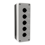 Grey front quarter perspective of a push button enclosure supporting five mounting holes and four phillips head screws holding the enclosure together on a white background.