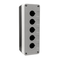 Grey front quarter perspective of a push button enclosure supporting five mounting holes and four phillips head screws holding the enclosure together on a white background.