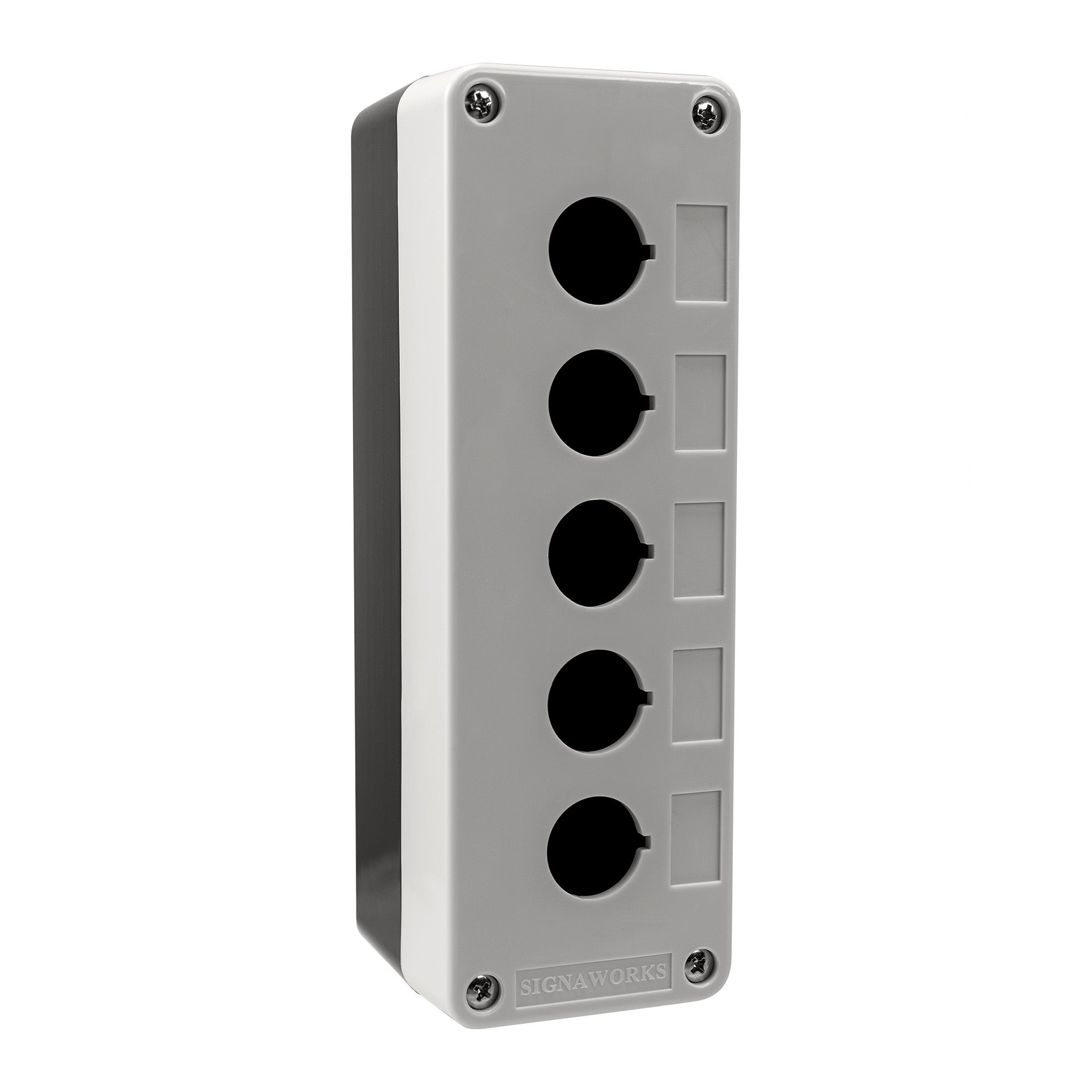 Grey front quarter perspective of a push button enclosure supporting five mounting holes and four phillips head screws holding the enclosure together on a white background.