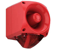 Red industrial horn with a red strobe on a white background.