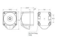 Black on white technical drawing of an strobe alarm with labeled dimensions.