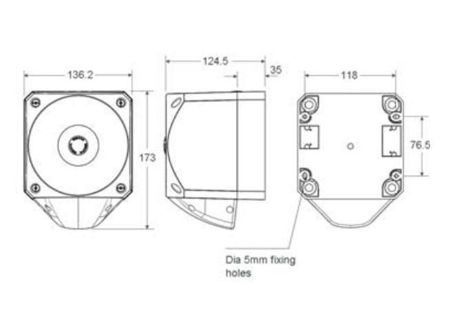 Black on white technical drawing of an strobe alarm with labeled dimensions.