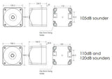 Black on white technical drawing with labeled measurements and decibel ratings.
