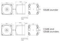 Black on white technical drawing with labeled measurements and decibel ratings.