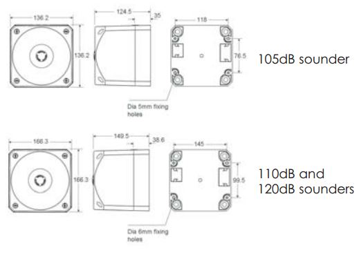 Black on white technical drawing with labeled measurements and decibel ratings.