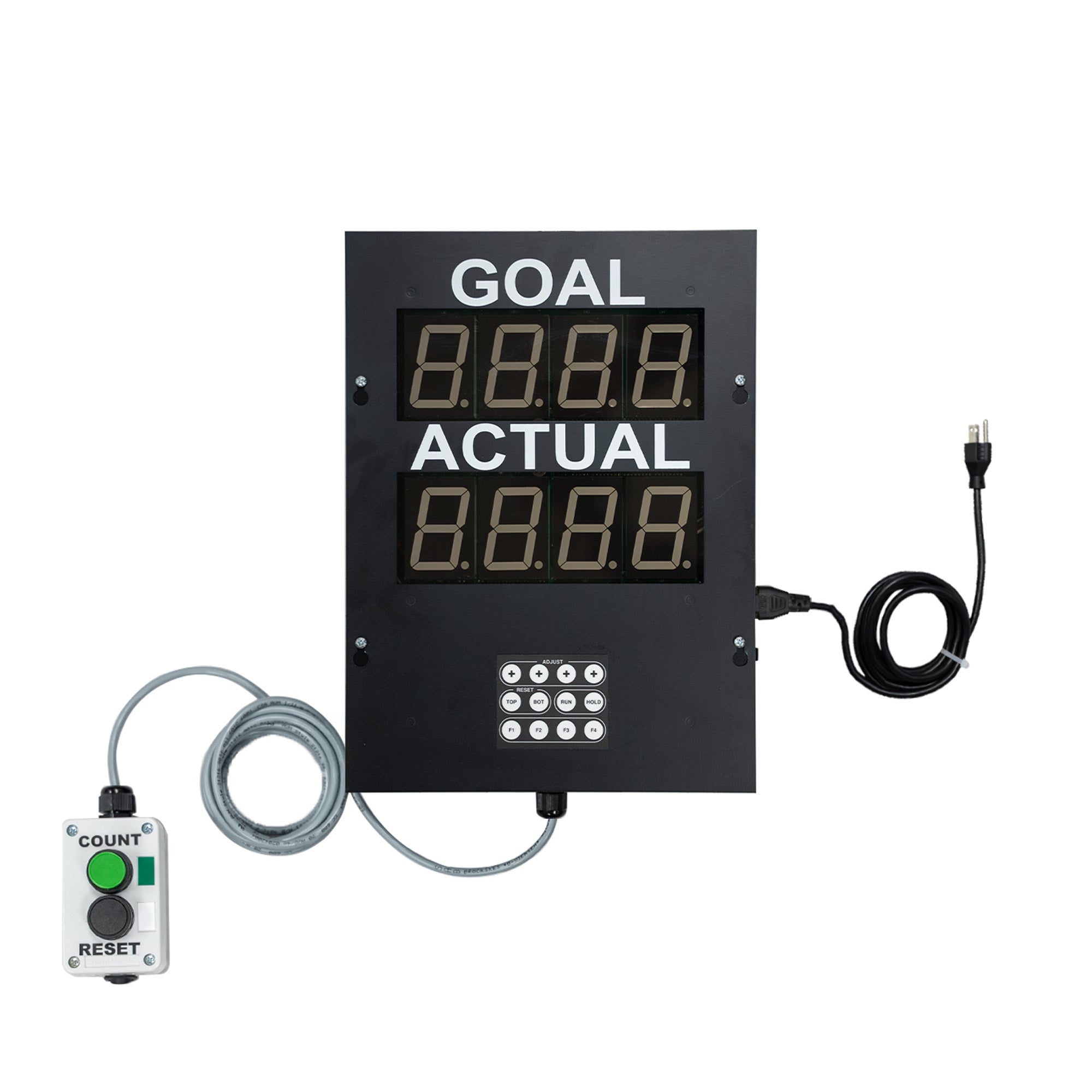 Black production pace timer with count reset control box and black 3-prong power cord