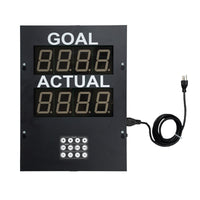 Black production pace timer displaying goal and actual along with a series of white buttons and black power cord.