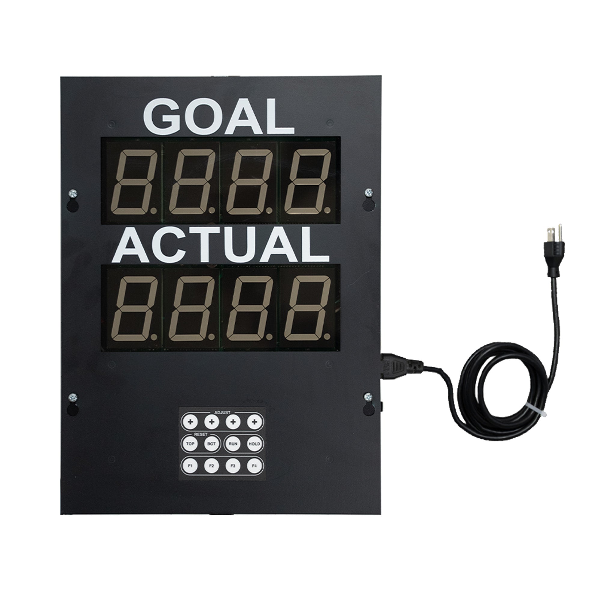 Black production pace timer displaying goal and actual along with a series of white buttons and black power cord.