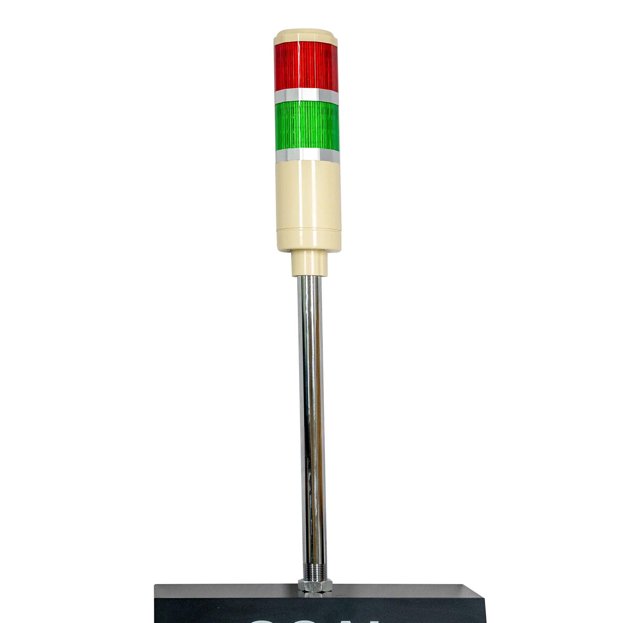 Two-color signal light (Red/Green) atop a black digital counter on a white background.