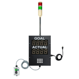 A black production pace timer with two-color industrial signal light (Red/Green), Count/Reset control box and power supply.