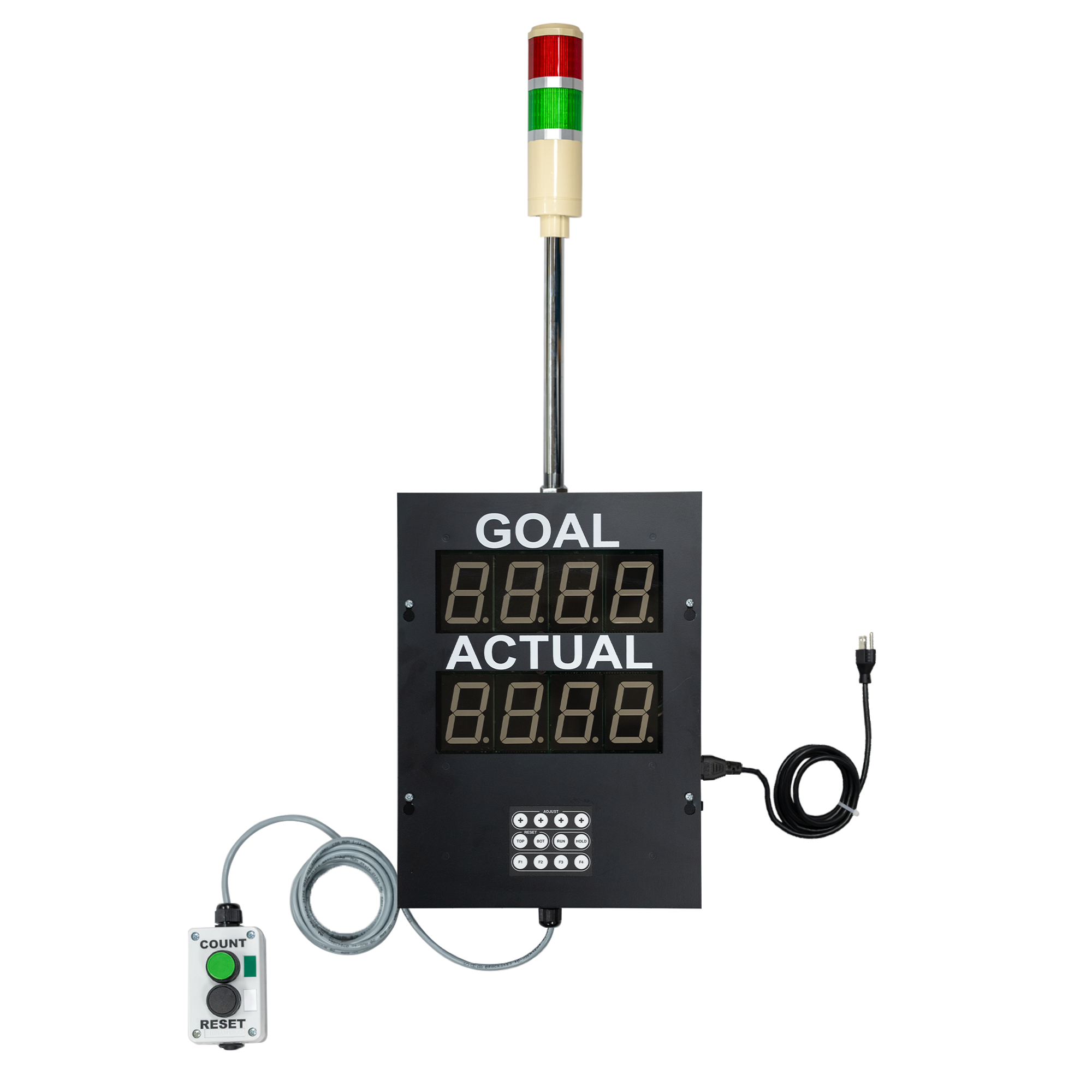 A black production pace timer with two-color industrial signal light (Red/Green), Count/Reset control box and power supply.