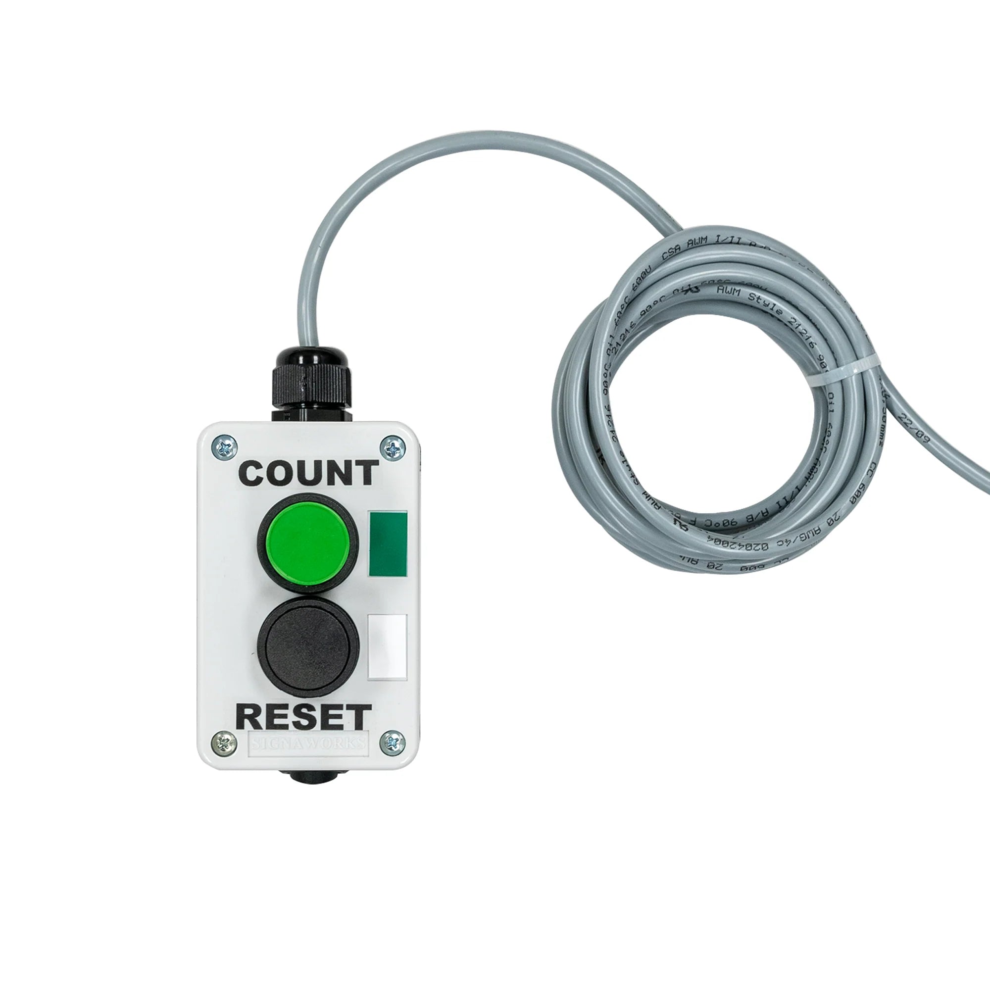 A grey control box with two visible buttons labeled 'Count' and 'Reset' and a grey extension cord on a white background.