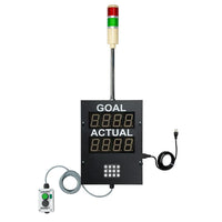 A black digital display with a manual count reset box, Red-Green industrial signal light and a black power cord on a white background.