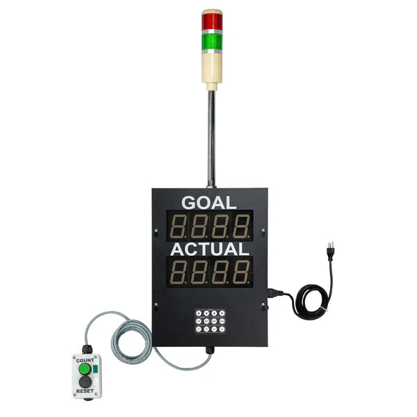 A black digital display with a manual count reset box, Red-Green industrial signal light and a black power cord on a white background.
