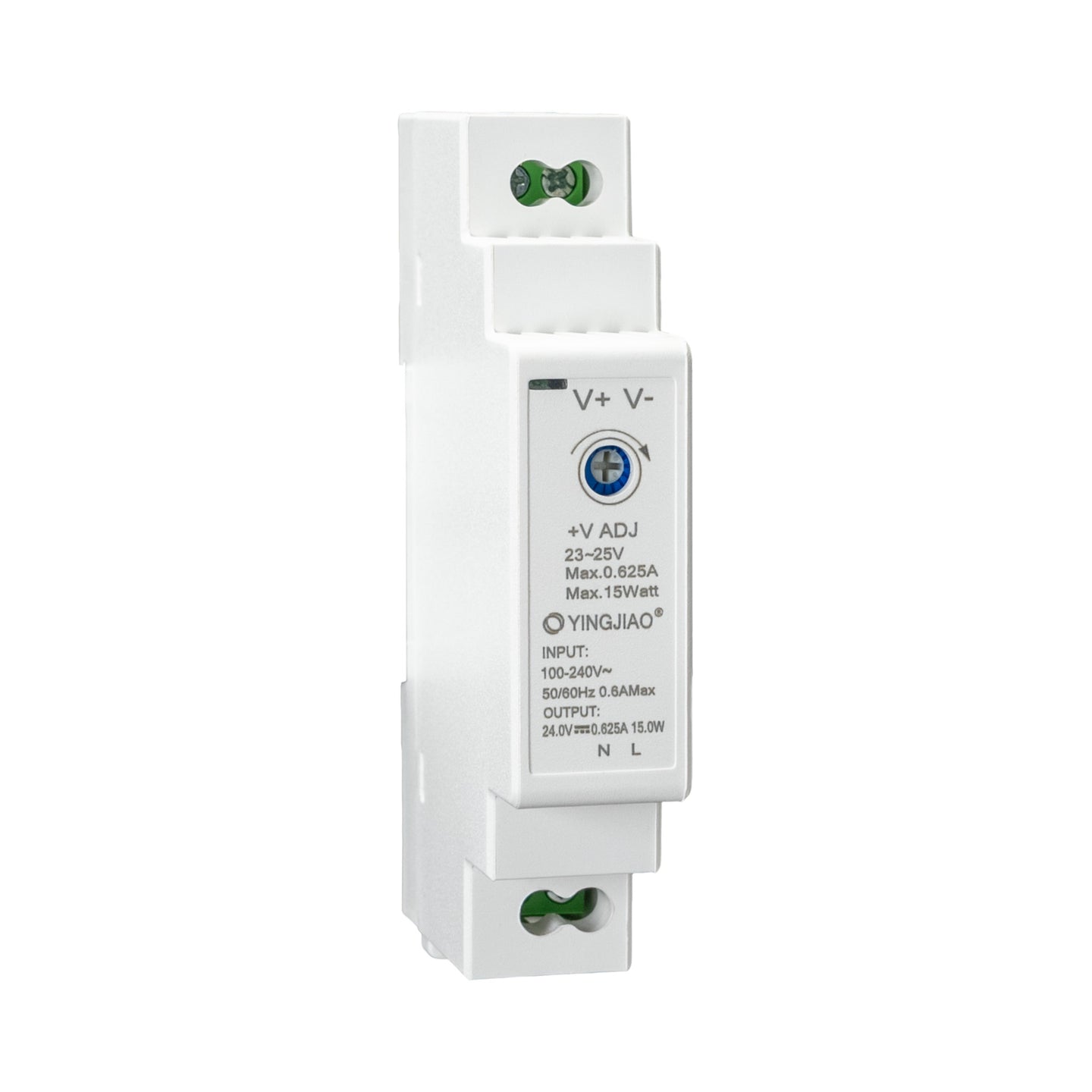 Angled perspective of white DIN rail-mounted power supply with adjustment dials and specs label.