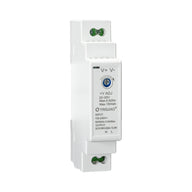 Angled perspective of white DIN rail-mounted power supply with adjustment dials and specs label.