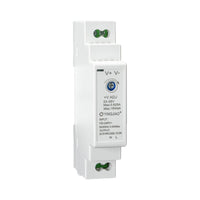 Angled perspective of white DIN rail-mounted power supply with adjustment dials and specs label.
