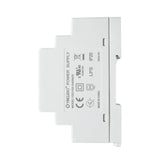 Side perspective of white DIN rail-mounted power supply with labeling.