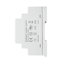 Side perspective of white DIN rail-mounted power supply with labeling.