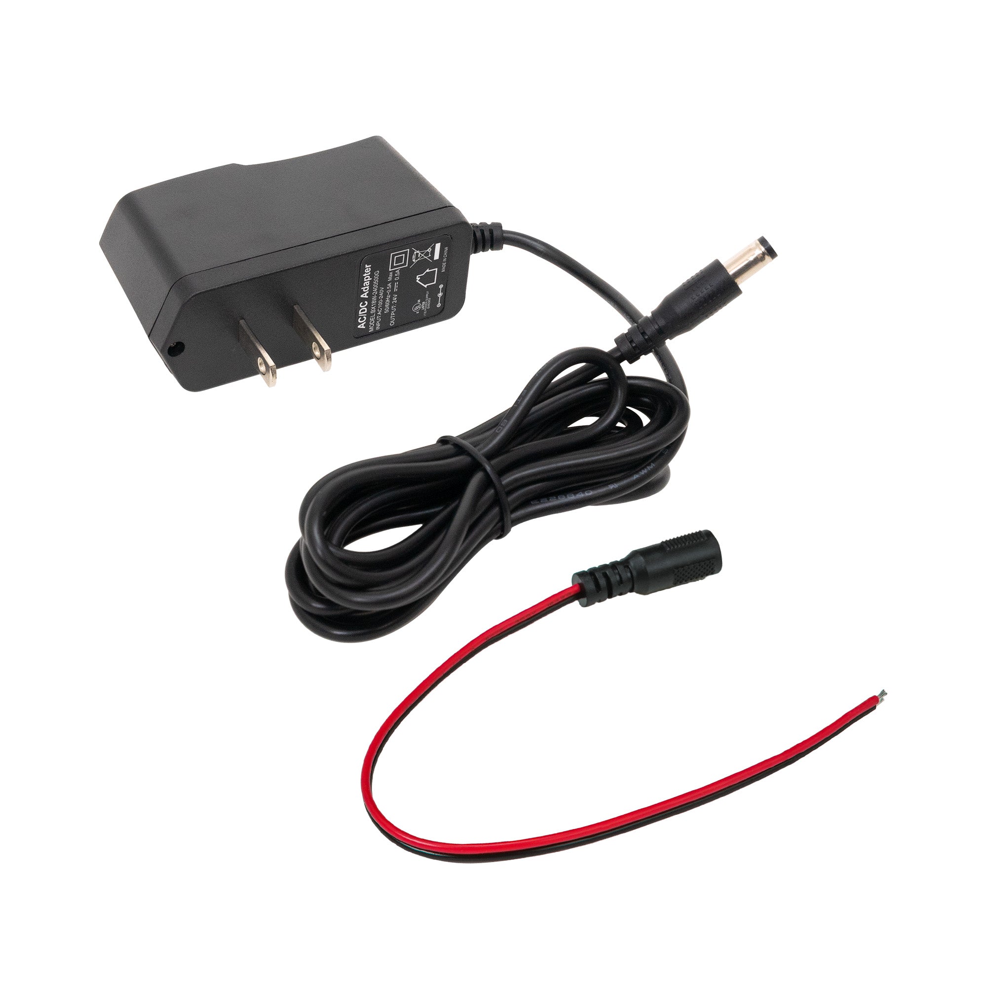 Black power adapter with a black and red cable on a white background.