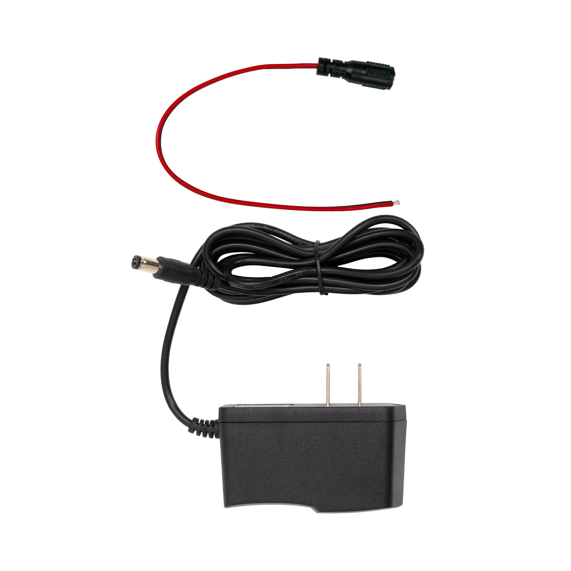 Black power adapter with red and black cables on a white background.
