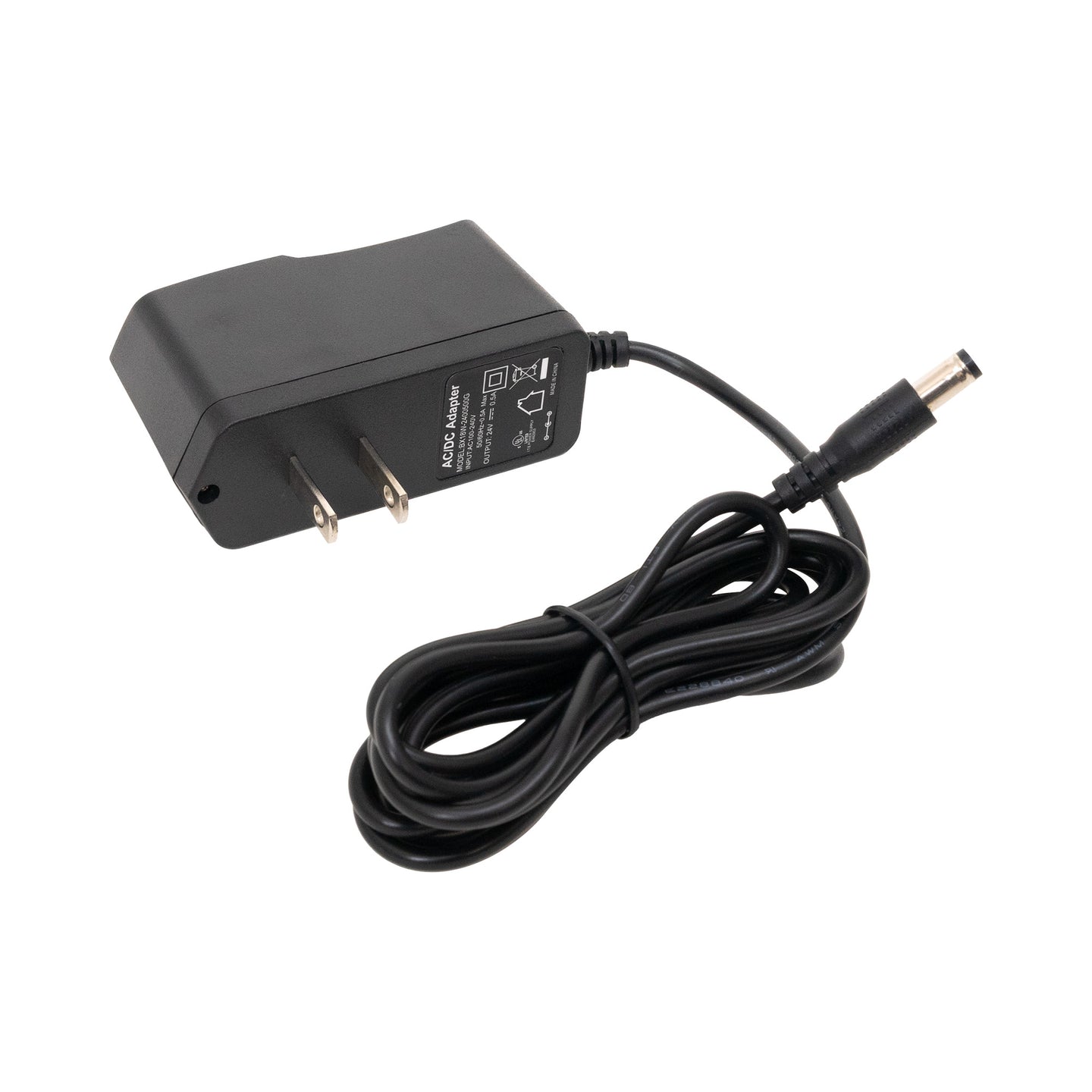 Black power adapter with cable on a white background