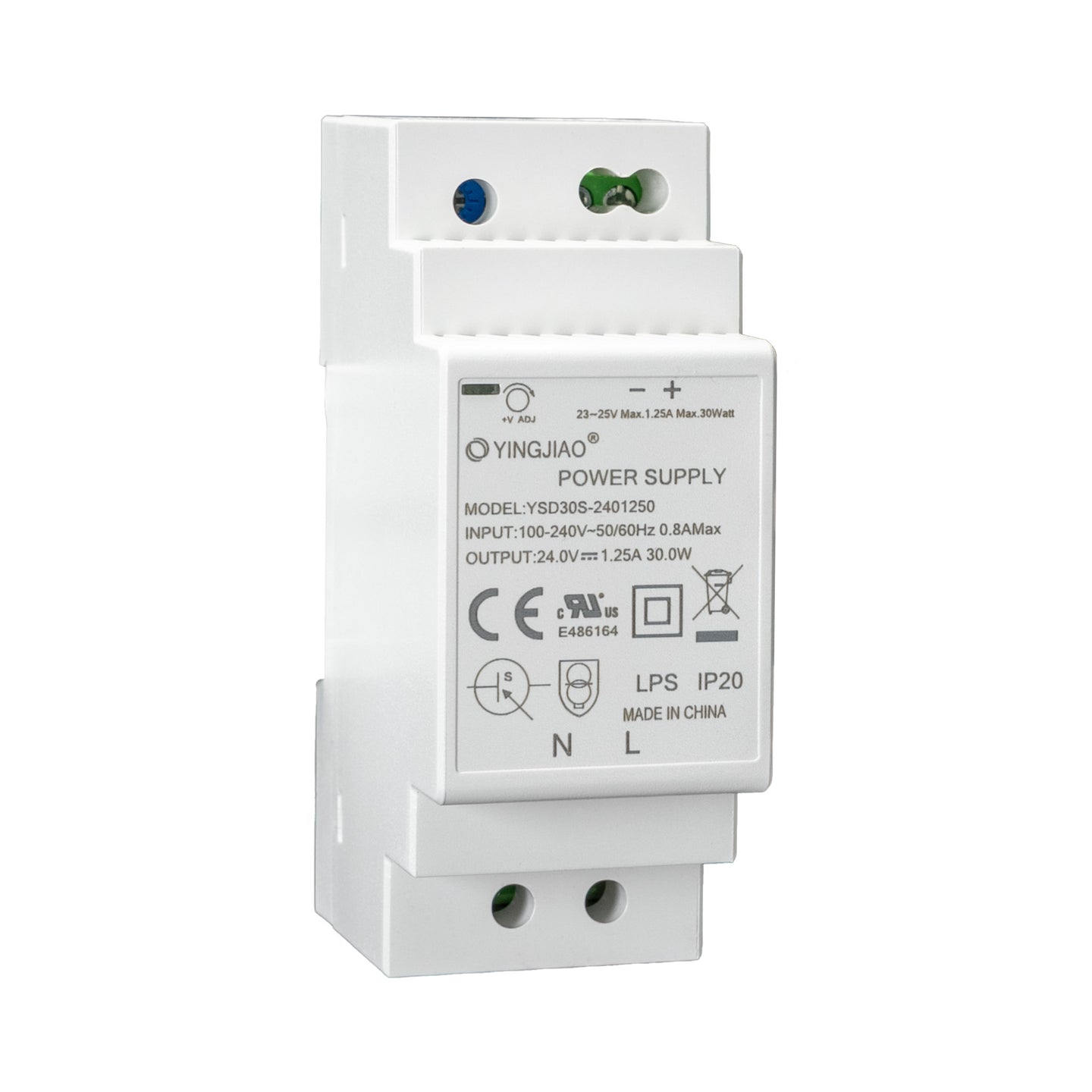 Angled perspective of white DIN rail-mounted power supply with adjustment dials and specs label.