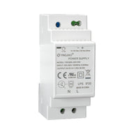 Angled perspective of white DIN rail-mounted power supply with adjustment dials and specs label.
