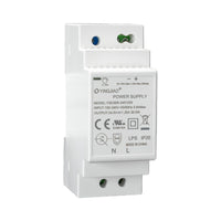 Angled perspective of white DIN rail-mounted power supply with adjustment dials and specs label.