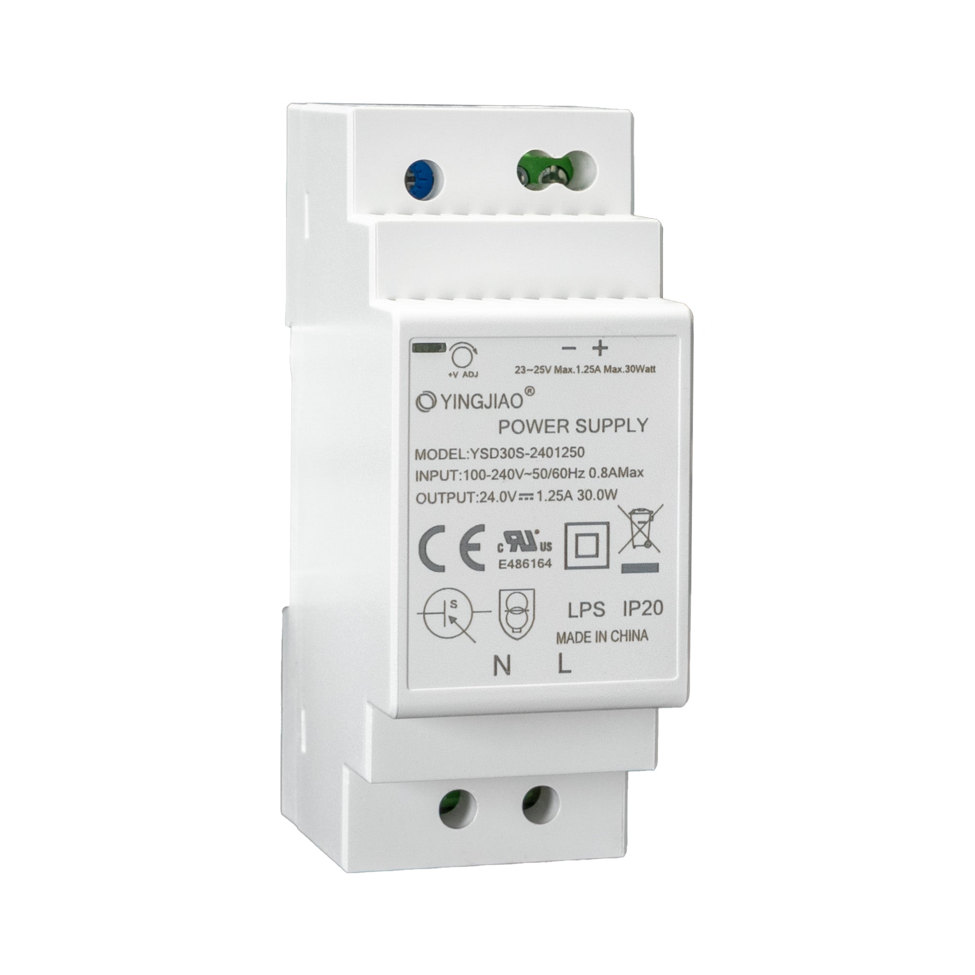 Angled perspective of white DIN rail-mounted power supply with adjustment dials and specs label.