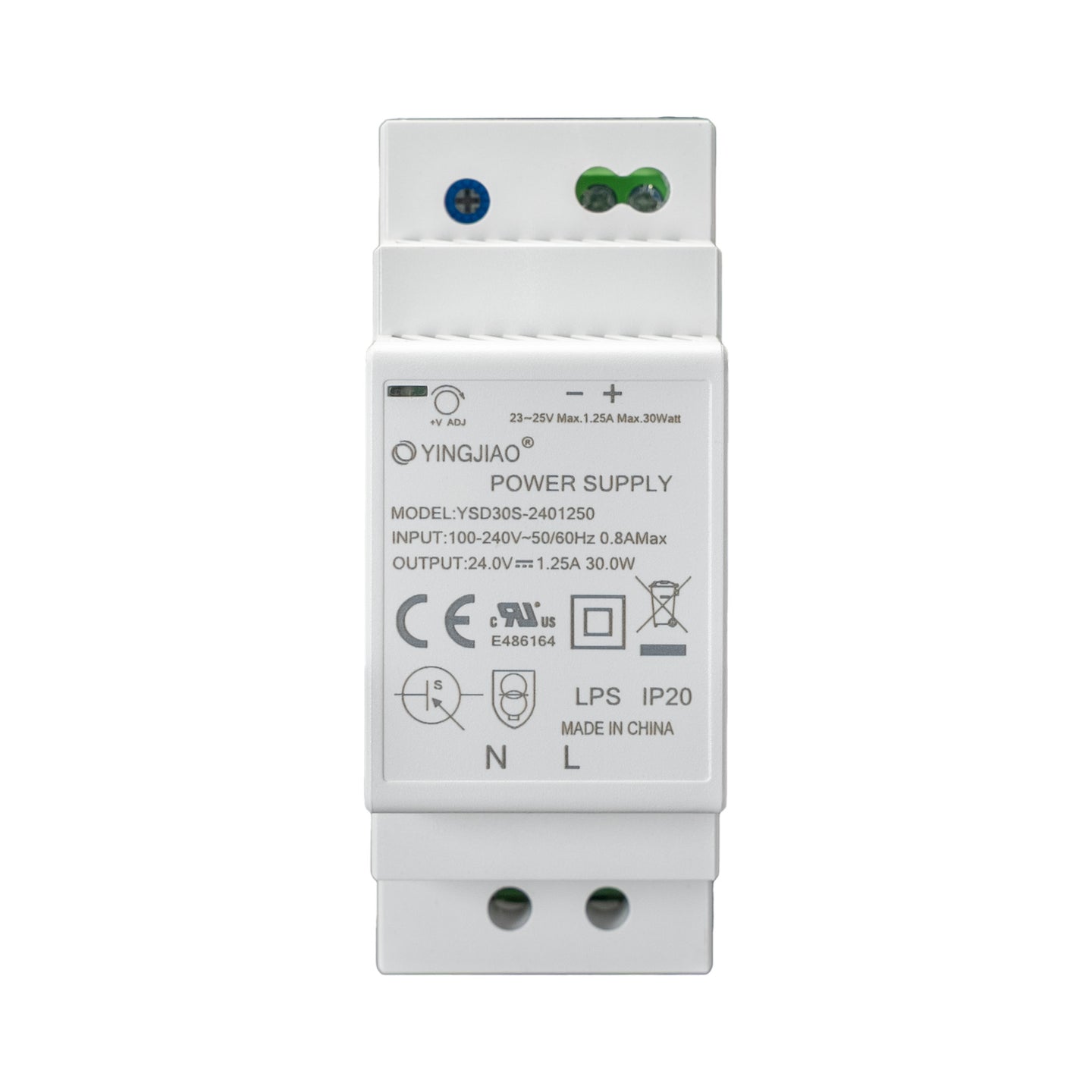 Front perspective of white DIN rail-mounted power supply with adjustment dials and specs label.